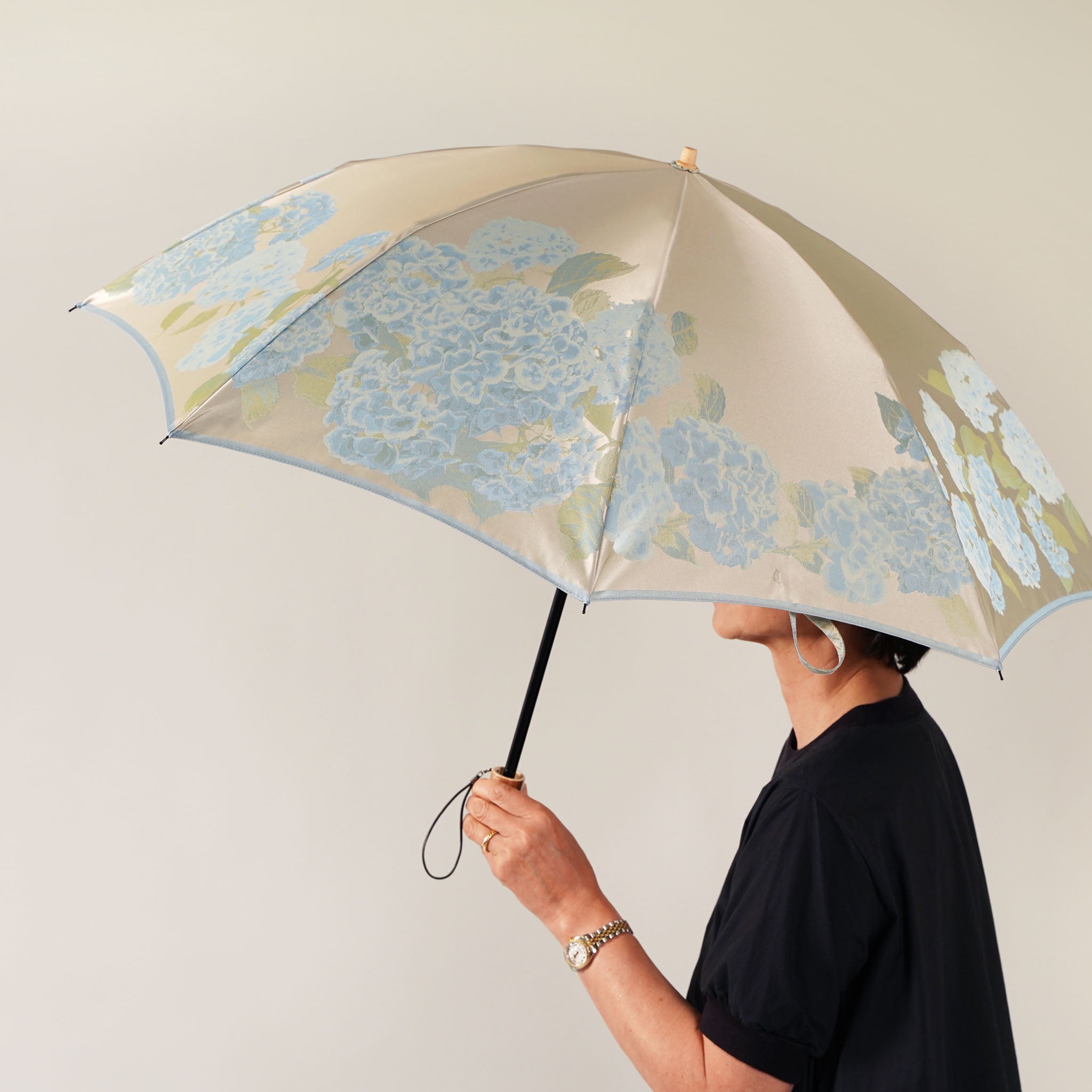 晴雨兼用 レディース 絵おり 紫陽花 ブルー 折りたたみ傘 サイズイメージ