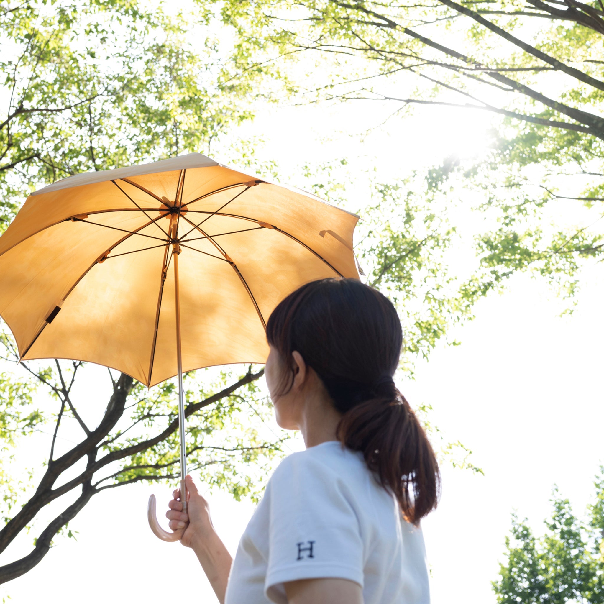 晴雨兼用 レディース こもれび カエデ イエロー スライドショート傘 使用イメージ