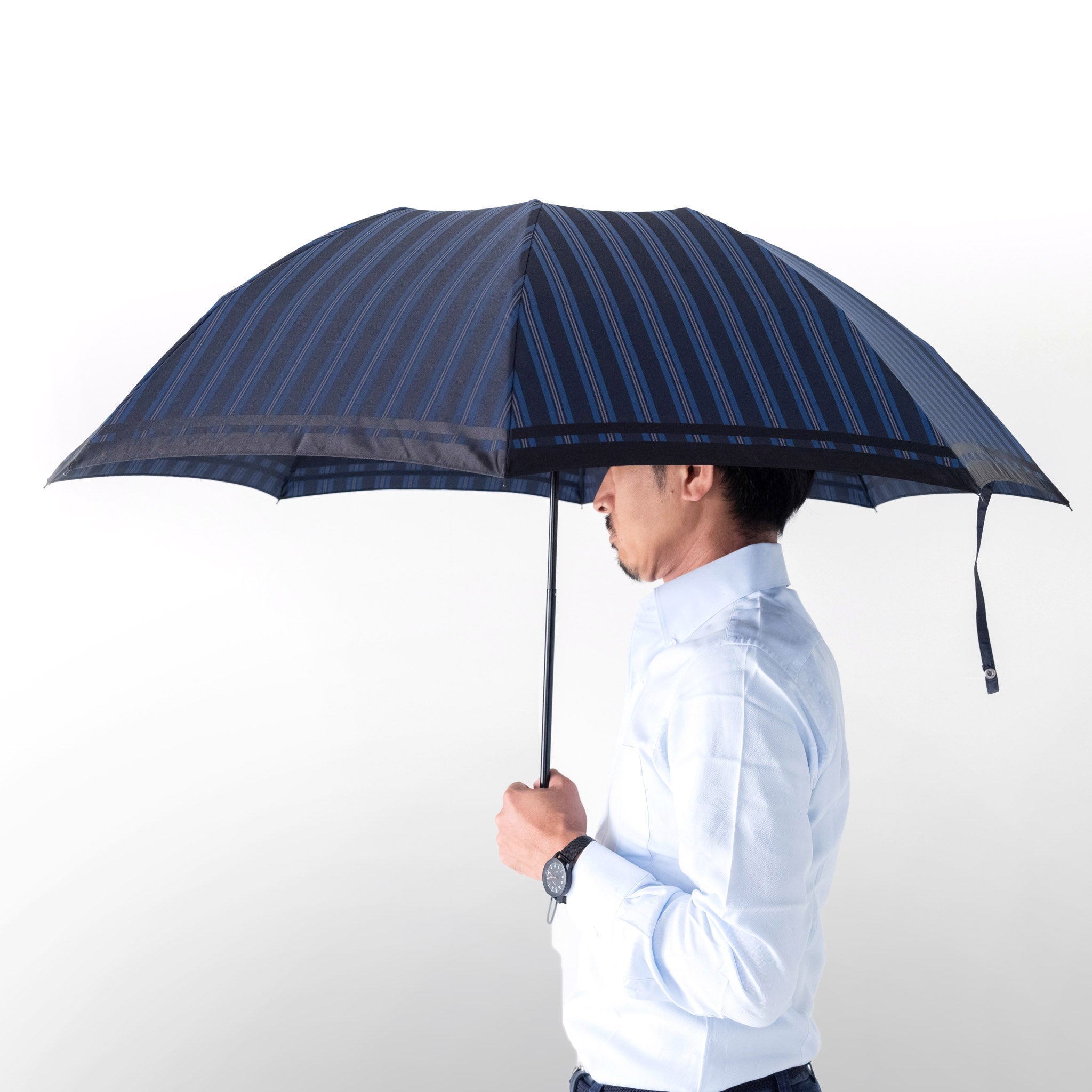 晴雨兼用 メンズ Tie Stripe×Plain BLUE 折りたたみ傘 サイズイメージ