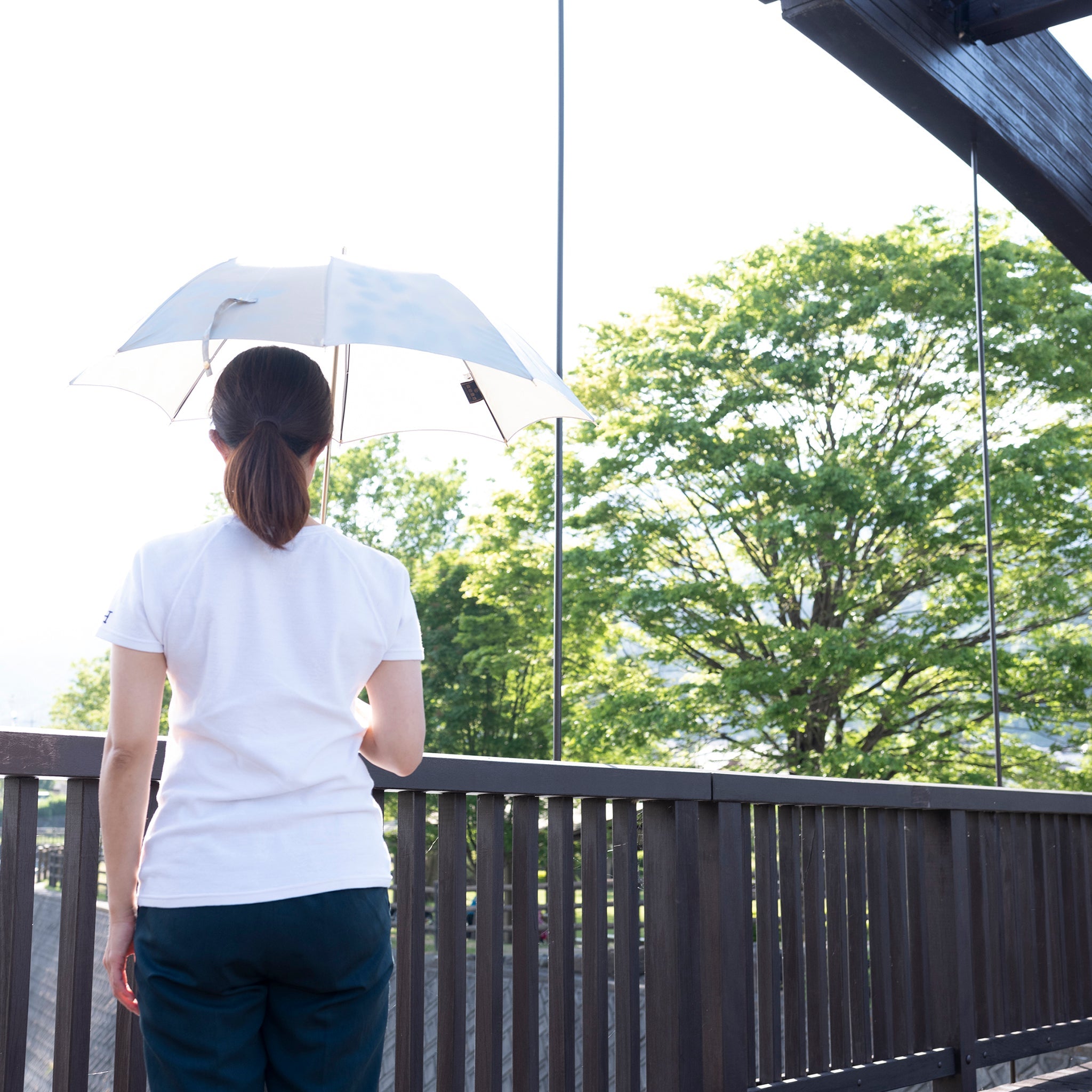 晴雨兼用 レディース こもれび ブナ スライドショート傘 使用イメージ