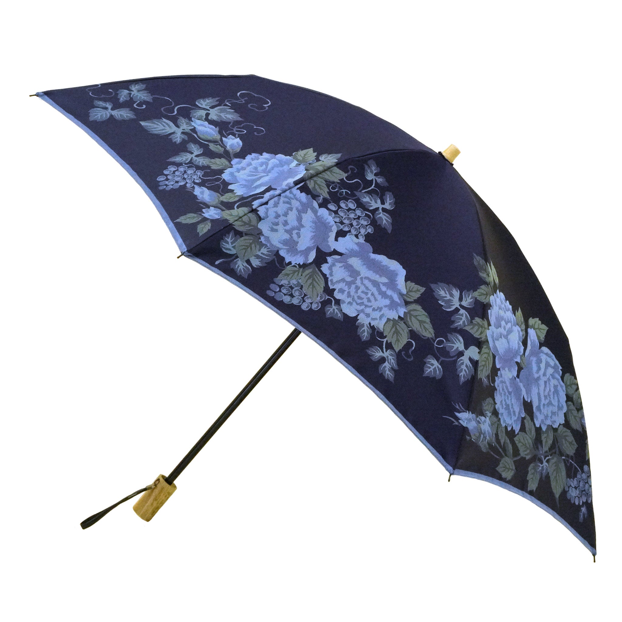晴雨兼用 レディース 絵おり バラとぶどう ネイビー 折りたたみ傘