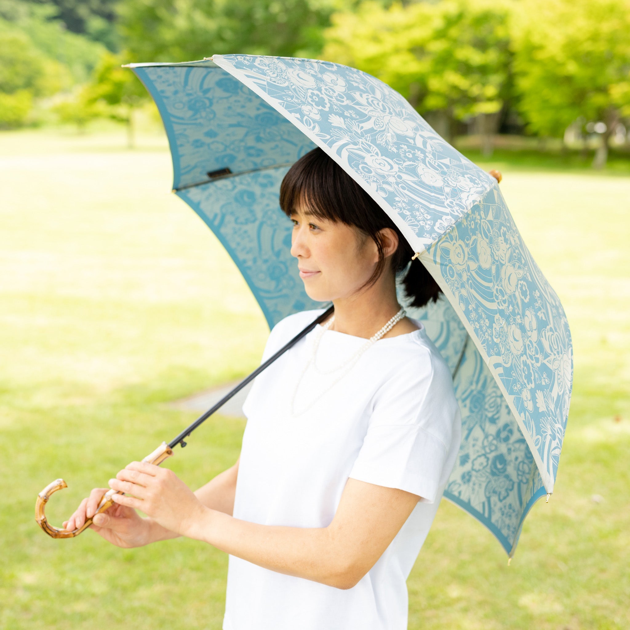 晴雨兼用 レディース kirie 更紗 レイクブルー 長傘 サイズイメージ