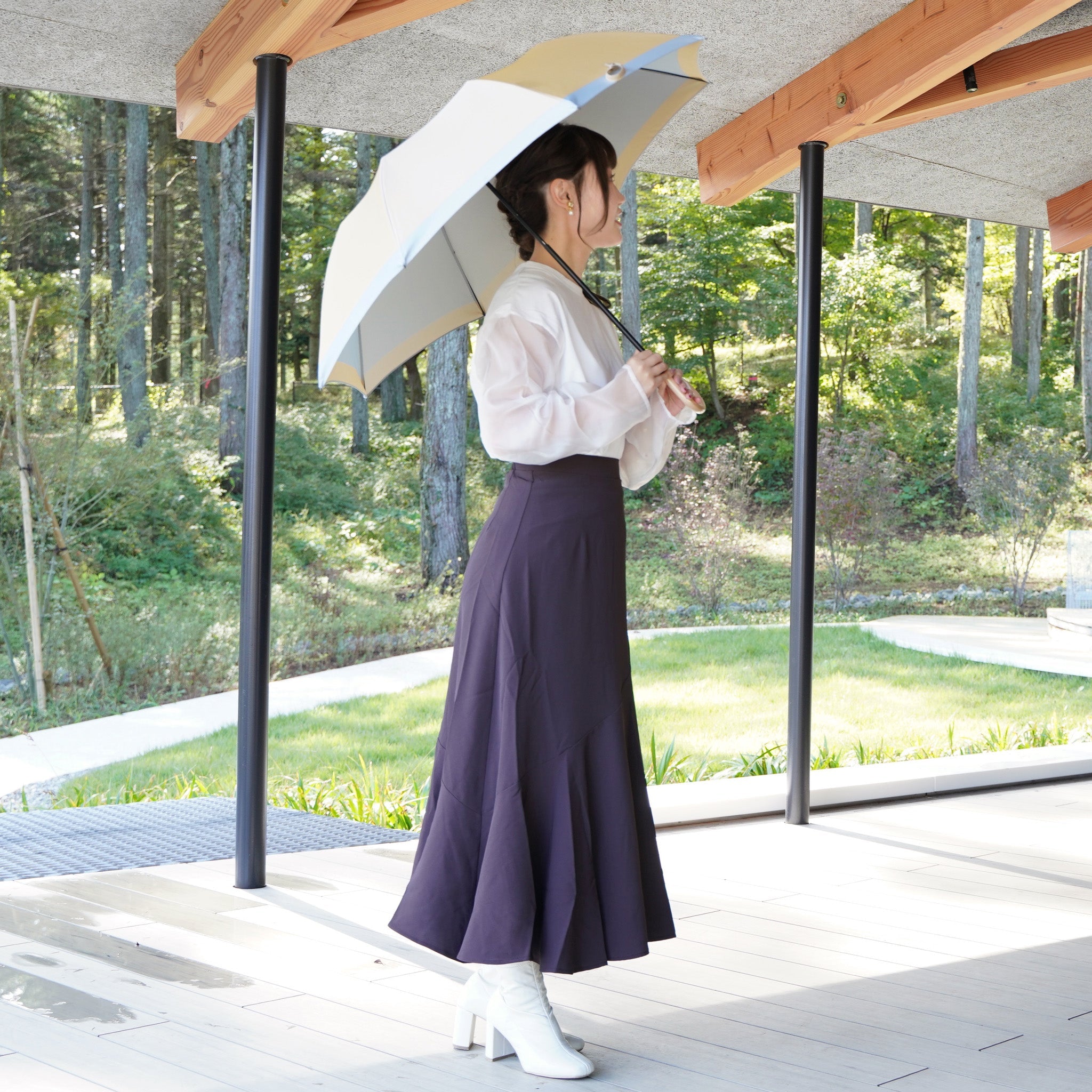 晴雨兼用 レディース SCENE グログランシャンブレー ベージュ 折りたたみ傘 サイズイメージ