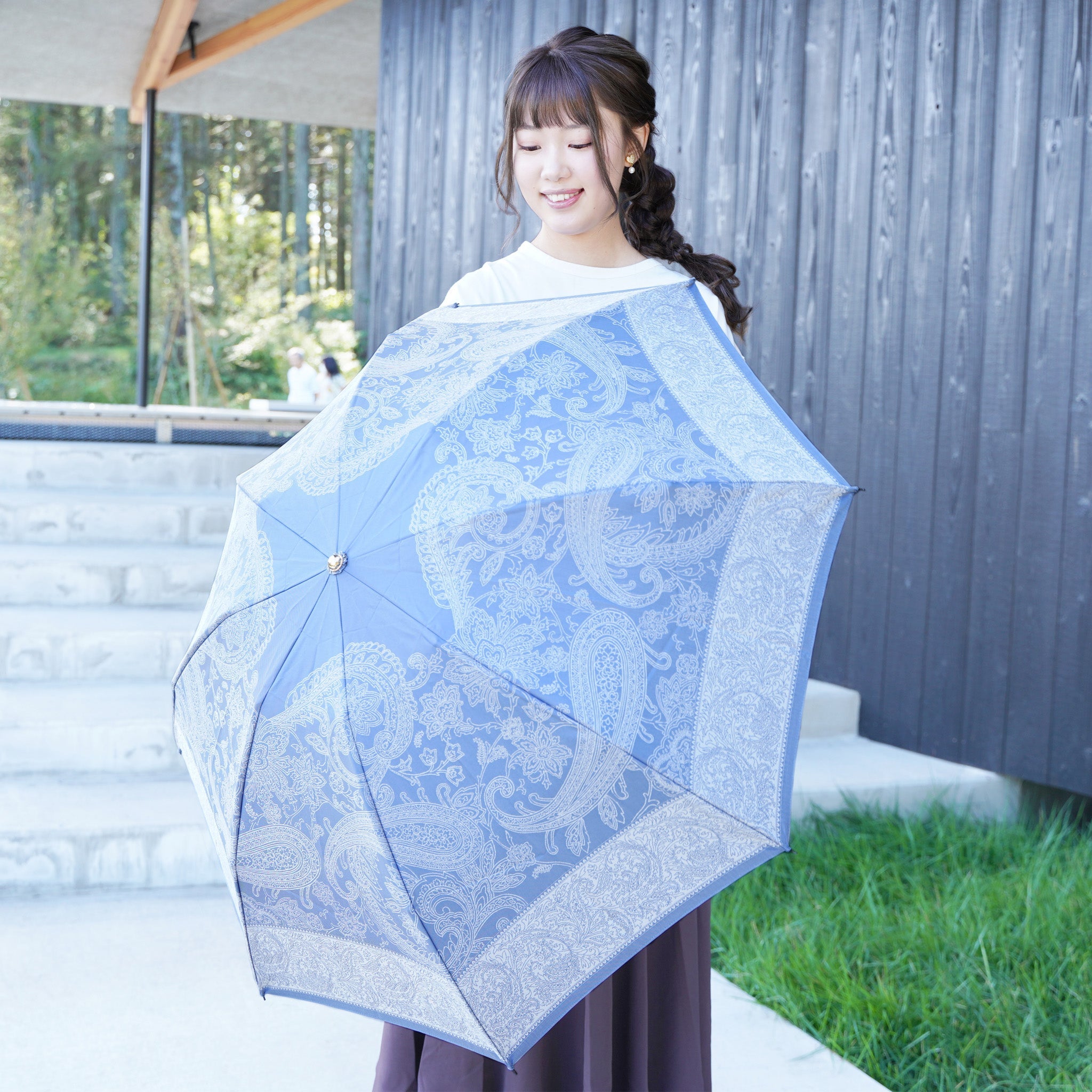 晴雨兼用 レディース kirie ペイズリー ミステリアスブルー 折りたたみ傘 サイズイメージ