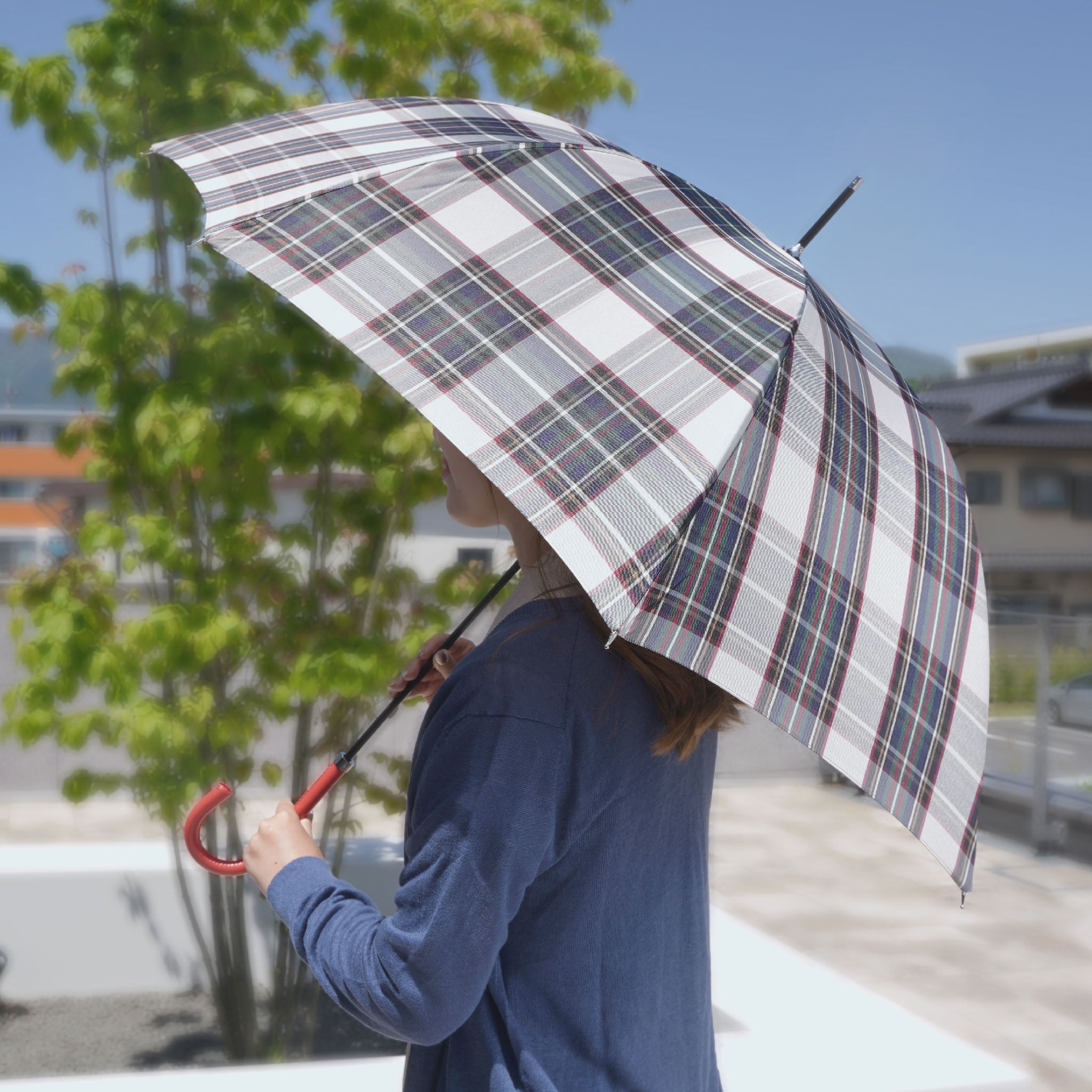 晴雨兼用 レディース レトロチェック タータンチェック② オフ 長傘