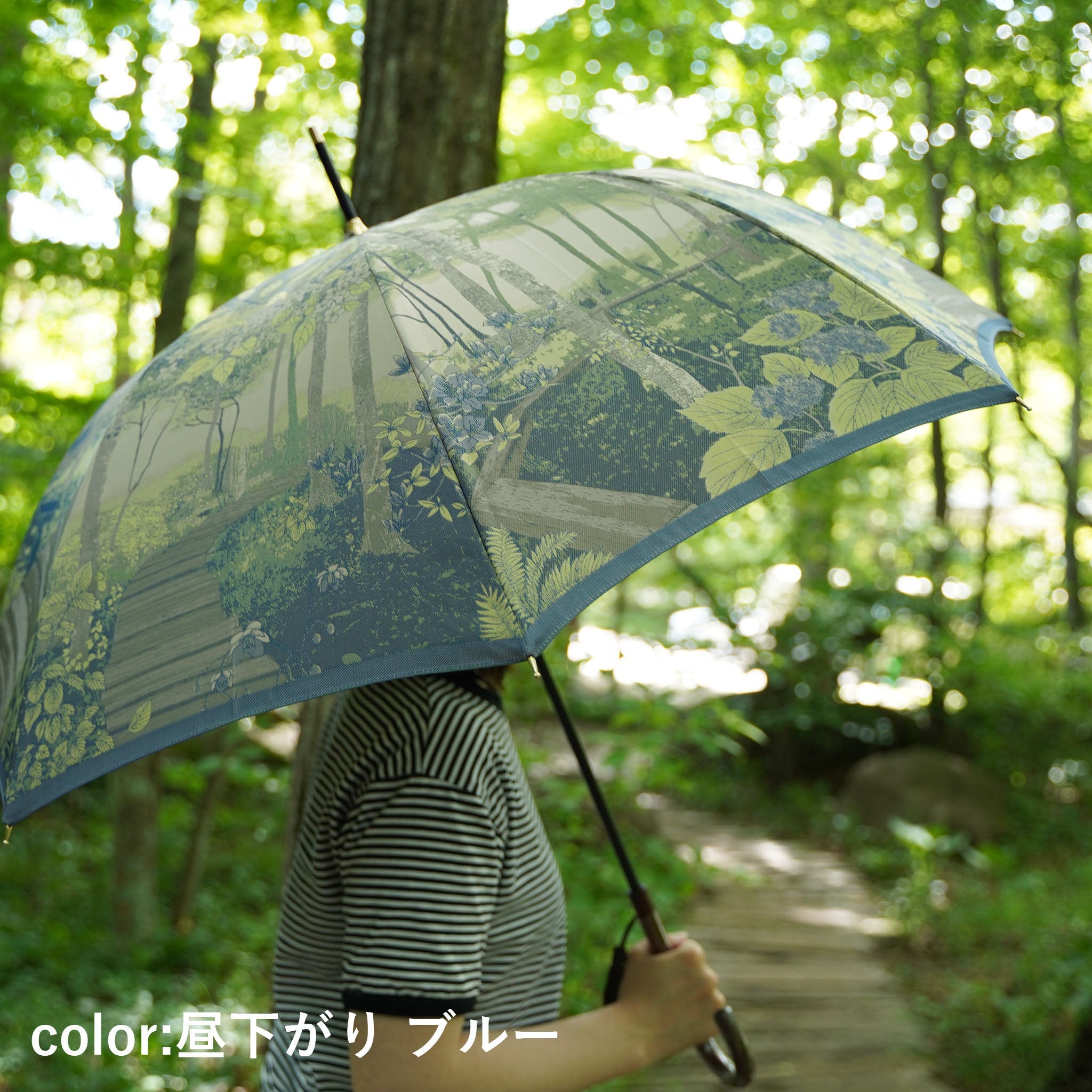 晴雨兼用 レディース 八ヶ岳の森 昼下がり ブルー 長傘 使用イメージ