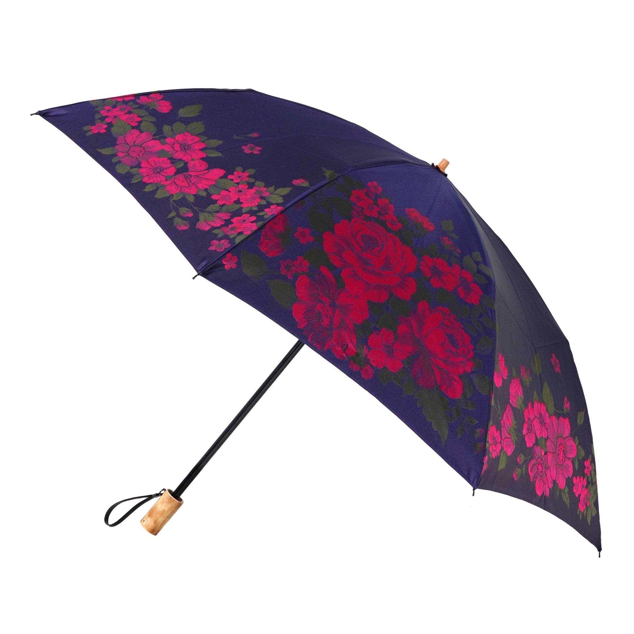 晴雨兼用　レディース　絵おり　大バラ　ネイビー　折りたたみ傘