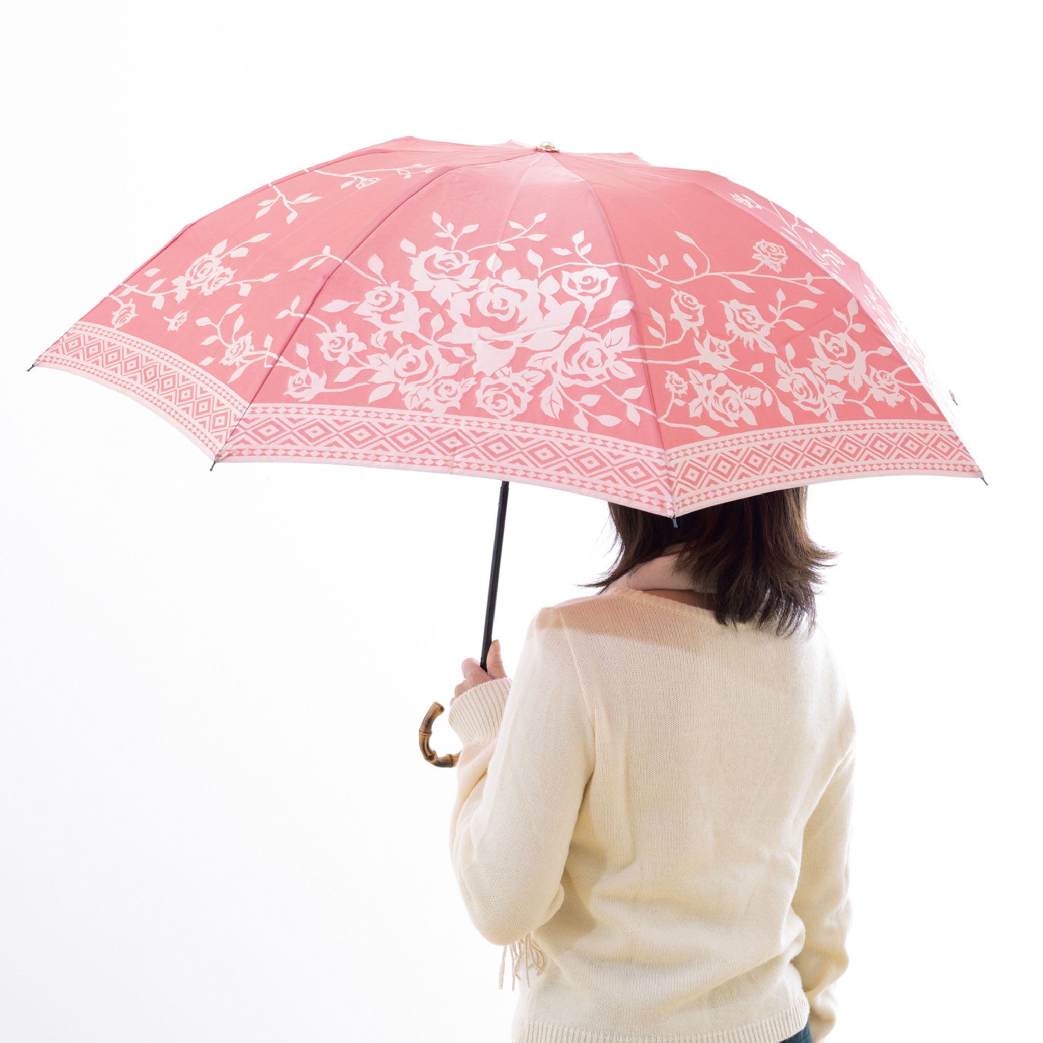 晴雨兼用　レディース　kirie　バラ　フレンチレッド　折りたたみ傘